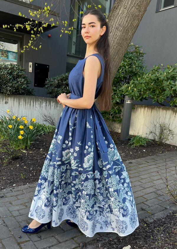 cotton batiste indigo color flowery long dress