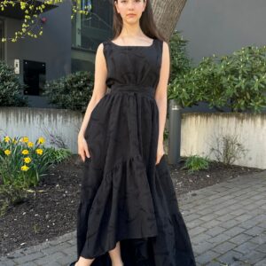 linen viscose jaquard black maxi dress