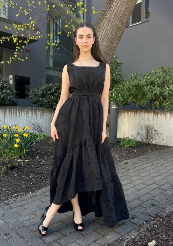 linen viscose jaquard black maxi dress