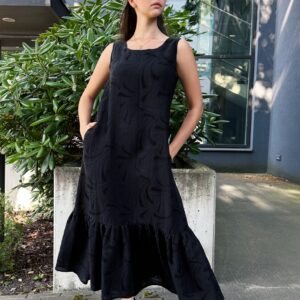 black viscose linen jaquard maxi dress