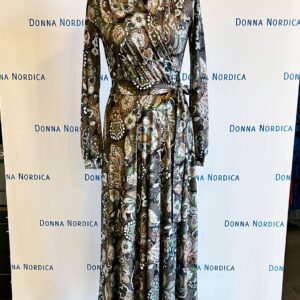 wrap dress beige gray decor flowers